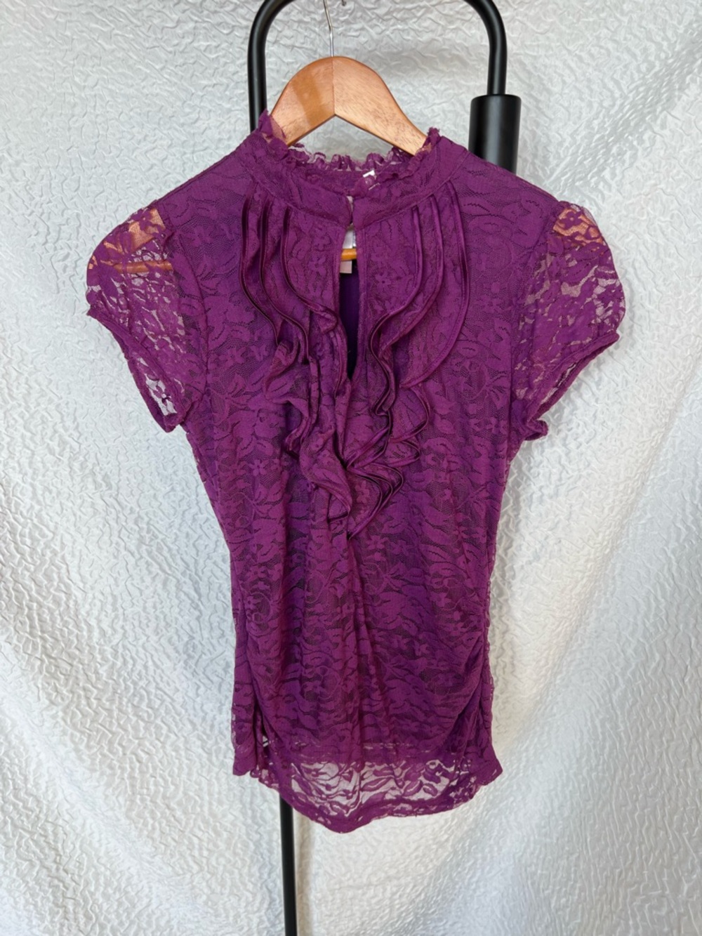 Women's Purple Lace Ruffle Mock Neck Peek-a-boo Top